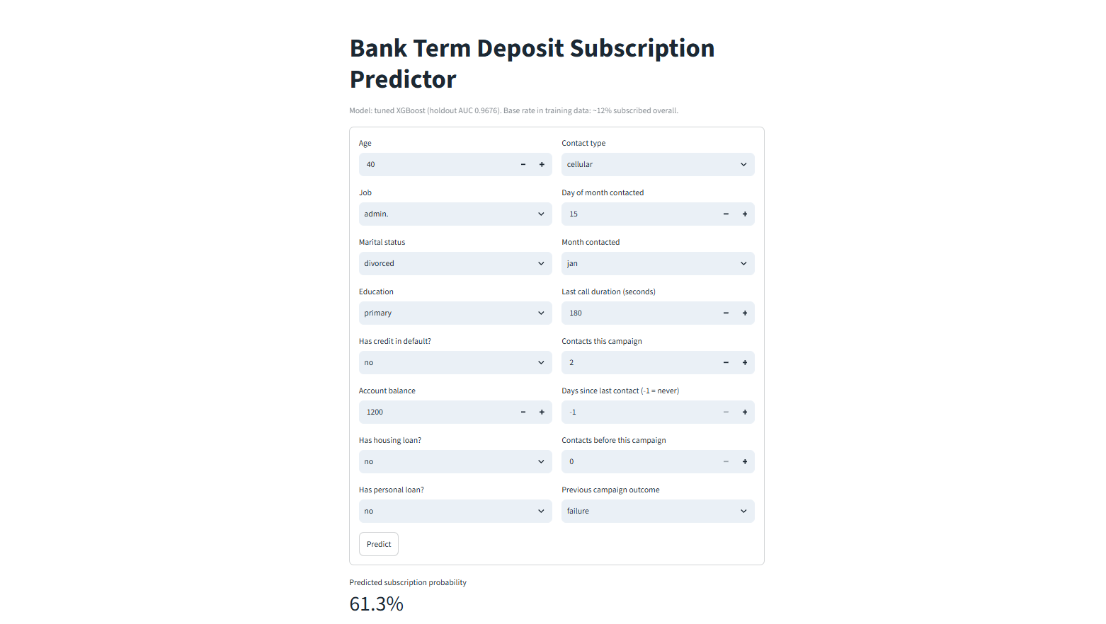 Bank Term Deposit Subscription Predictor application screenshot
